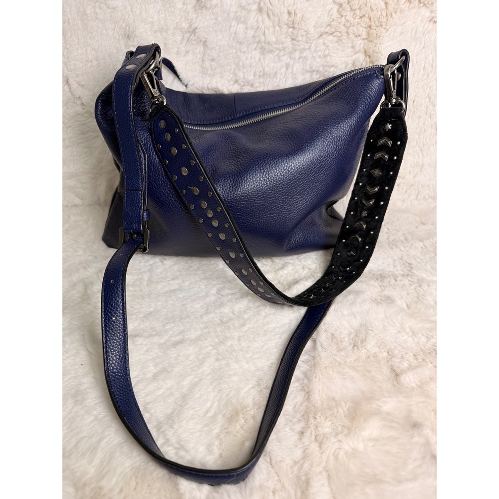 Rare Sam Edelman Blue Pebbled Leather Crossbody Bag w Studded Reversible Strap
